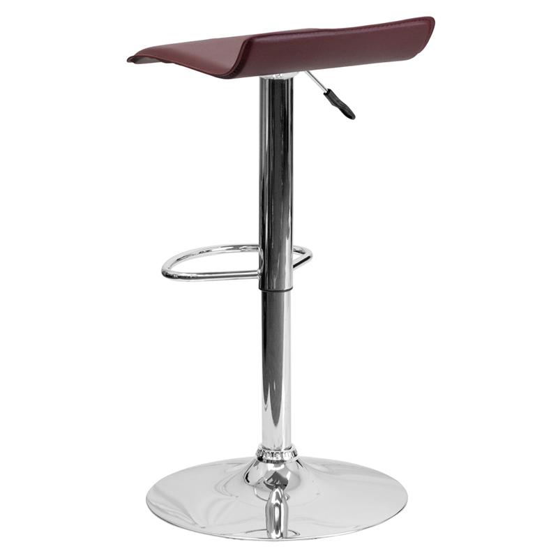 Burgundy Vinyl Barstool with Adjustable Height, Solid Wave Seat, and Chrome Base