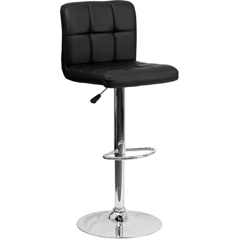 Contemporary Black Quilted Vinyl Barstool - Adjustable Height - Chrome Base
