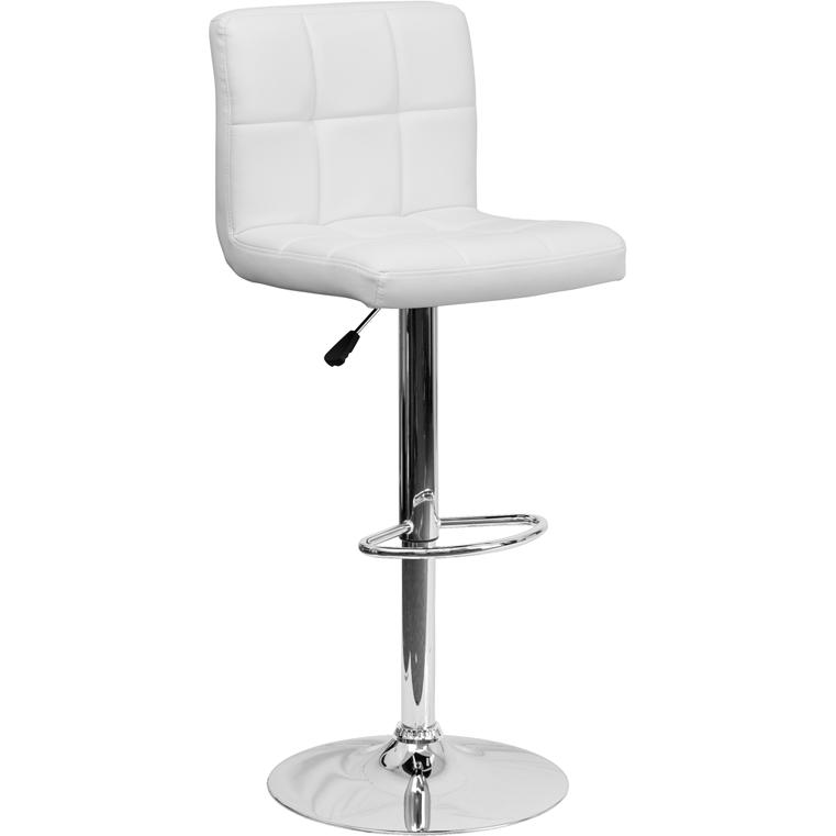 Contemporary White Quilted Vinyl Barstool - Adjustable Height - Chrome Base