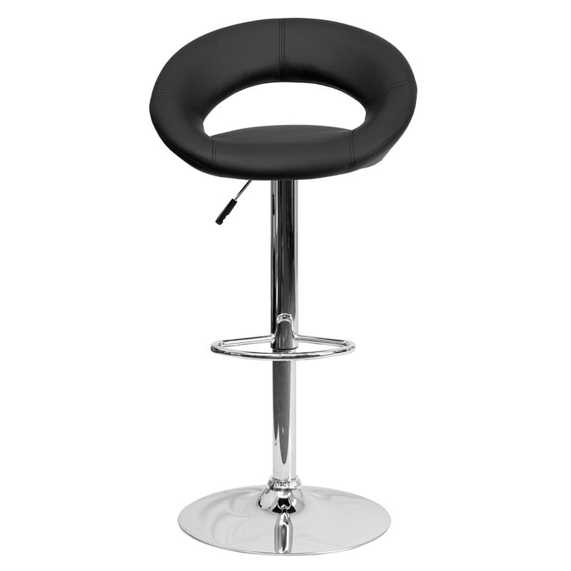 Contemporary Black Vinyl Rounded Orbit-Style Back Barstool - Adjustable Height with Chrome Base