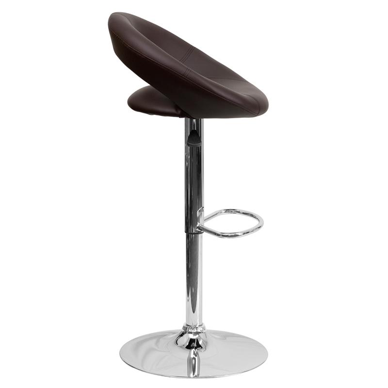 Contemporary Brown Vinyl Barstool with Rounded Orbit-Style Back and Adjustable Height, Chrome Base