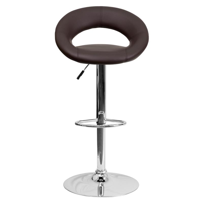 Contemporary Brown Vinyl Barstool with Rounded Orbit-Style Back and Adjustable Height, Chrome Base