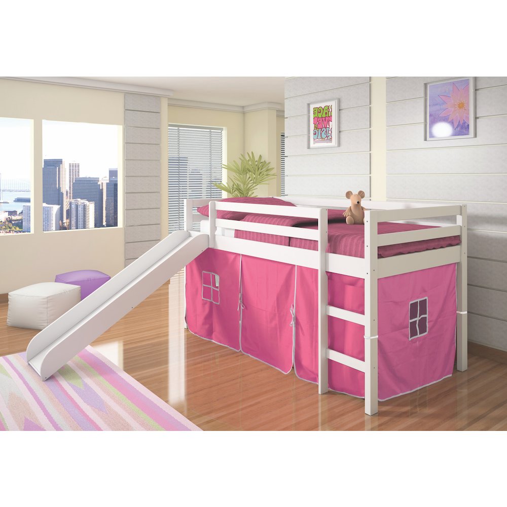 This is the image of Twin Panel Low Loft Bed with Slide in Two-Tone Grey/White Finish and Pink Tent Kit