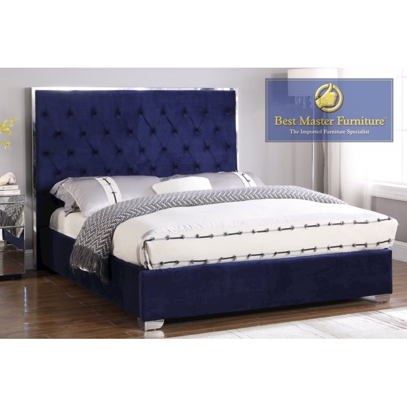 Best Master Kressa Velour Fabric Tufted Cali King Platform Bed In Blue