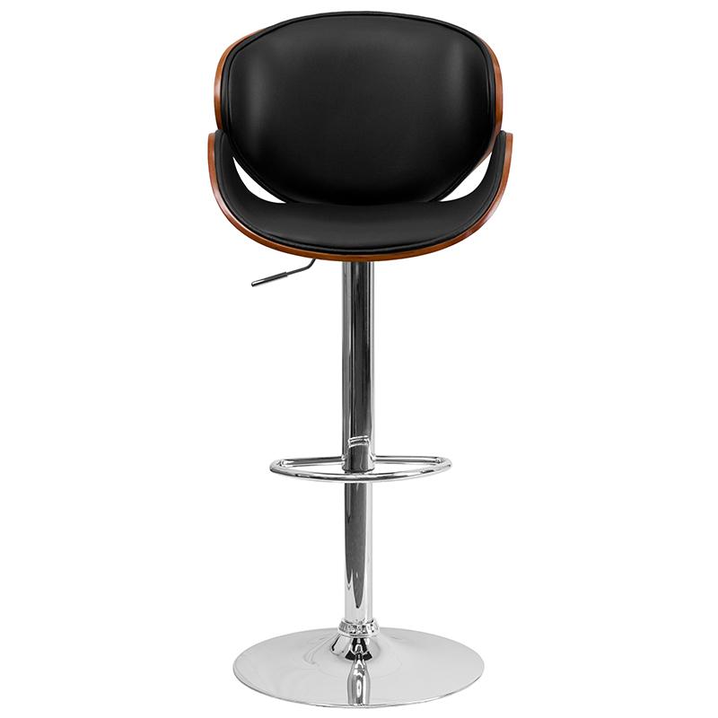 Adjustable Height Walnut Bentwood Barstool with Curved Back and Black Vinyl Seat