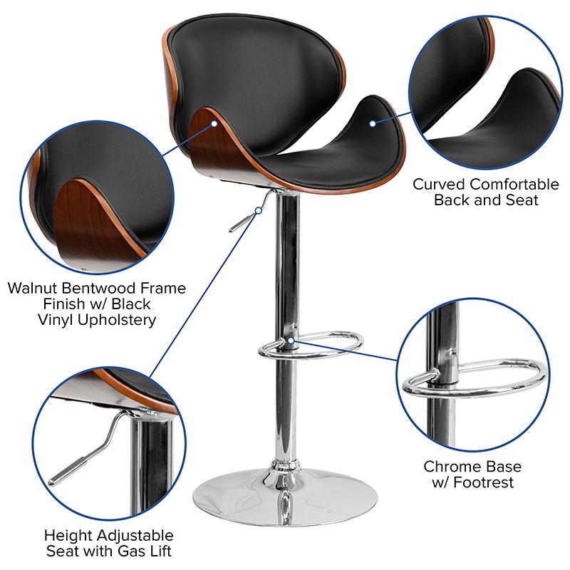 Adjustable Height Walnut Bentwood Barstool with Curved Back and Black Vinyl Seat
