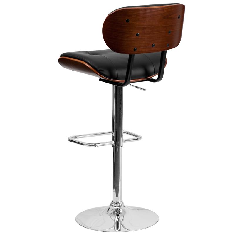 Adjustable Height Walnut Bentwood Barstool with Button Tufted Black Vinyl Seat
