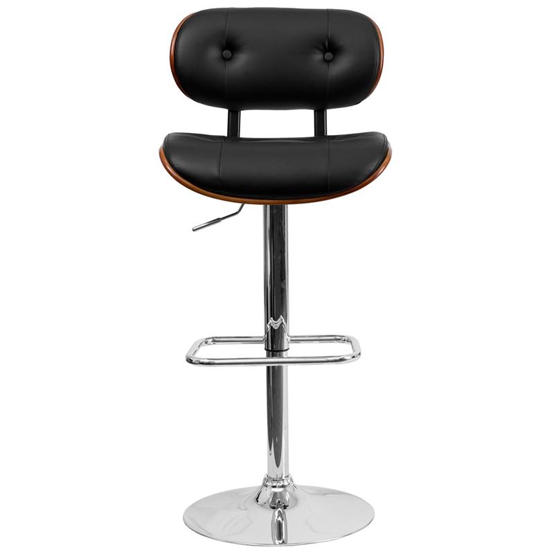 Adjustable Height Walnut Bentwood Barstool with Button Tufted Black Vinyl Seat