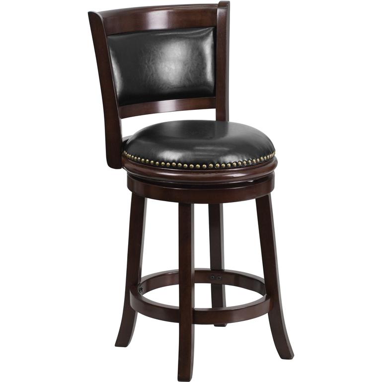 24" High Cappuccino Wood Counter Height Stool with Panel Back and Black LeatherSoft Swivel Seat