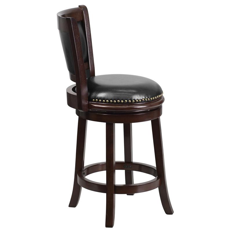 24" High Cappuccino Wood Counter Height Stool with Panel Back and Black LeatherSoft Swivel Seat