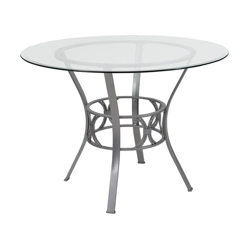 Image of Carlisle 42'' Round Glass Dining Table With Silver Metal Frame